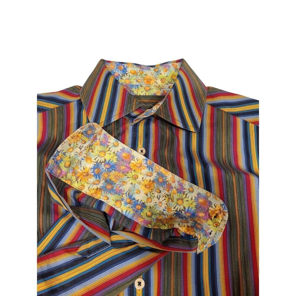 Robert Graham Mens Flip Cuff Shirt Green Red Blue Stripe DAISY Reverse Print | L